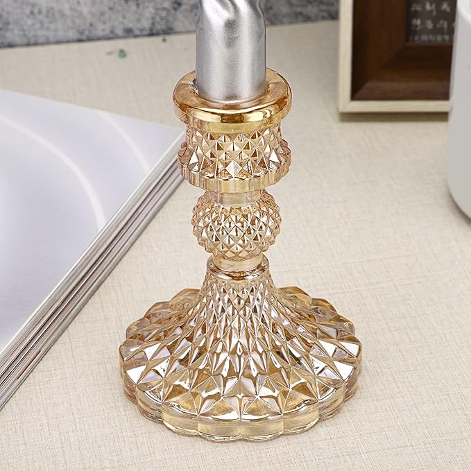 OwnMy Set of 2 Gold Glass Taper Candle Holders Decorative Glass Candlestick Holders, Modern Taper Candle Stands Candlesticks for Dining Table Centerpieces Wedding Church Decor