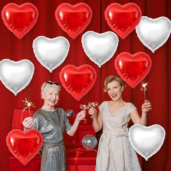 Red Silver Heart Balloons,12Pcs 18Inch Silver Red Heart Shaped Foil Helium Foil Balloons for Baby Shower Birthday Anniversary Wedding Engagement Party Decorations