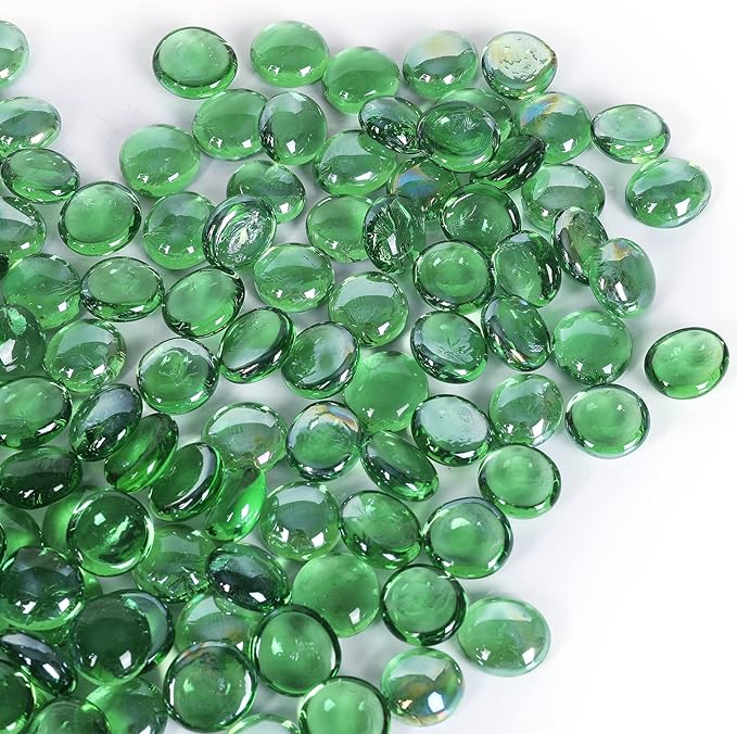 11LB Fire Glass Beads Flat Glass Marbles for Outdoor Fire Pit and Fireplace, Glass Gemstones for Vase Filler, Aquariums, Hydroponics Plants, Home Decor and Christmas DIY Craft, Green