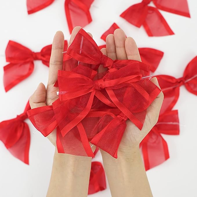 AIMUDI Red Bows for Crafts 4" Organza Bows Premade Twist Ties Bows for Gift Wrapping Crafts Treat Bags Baskets Cake Pop Baby Shower Birthday Wedding Christmas Decor - 12 Counts