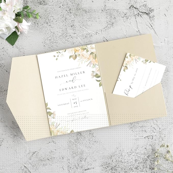 20 PCS Champagne Tri-fold Laser Cut Wedding Invitation Pockets for 5x7 Wedding Cards Bridal Shower Engagement Quinceanera Invitation