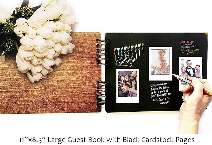 Wooden Wedding Guest Book (8.5"x 7" Mahogany Stain) Personalized Wood Rustic Charm Engraved for Bride and Groom Vintage Monogrammed Unique Anniversary Bridal Guest Registry Guestbook Made in USA