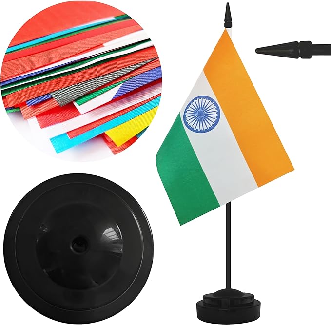 12 Pack India Desk Flags, Indian Desktop Flag, Small Miniature Office Flags with 12" Black Pole and Black Base, Offices, Classroom, Home, Festival Decoration (India)