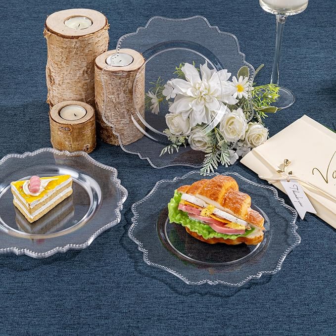 COLOSUS 100pcs 7.5 Inch Clear Plastic Dessert Plates-Heavy Duty Disposable Plastic Cake Plates,Premium Salad Plate,Fancy Disposable Cake Plate for Party for Party Wedding and Everyday Use