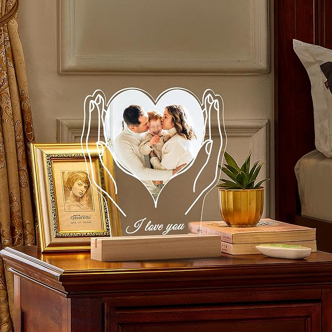 Custom Picture Frame with Photos, Customized Acrylic Plaque Photo Frames with Night Light, Personalized Birthday Gifts for Women Men Mom Dad Baby Kids Grandma Grandpa Family