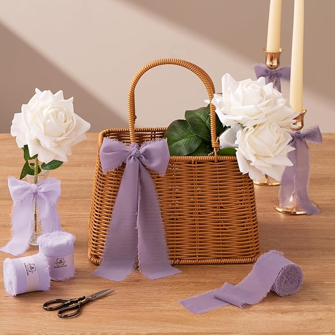DORIS HOME Light Purple Chiffon Ribbon for Flower Bouquet, 2" x21Yd Fabric Ribbon for Gift Wrapping, Handmade Frayed Ribbon for Wedding, Chiffon Silk Ribbon for Christmas Decorations