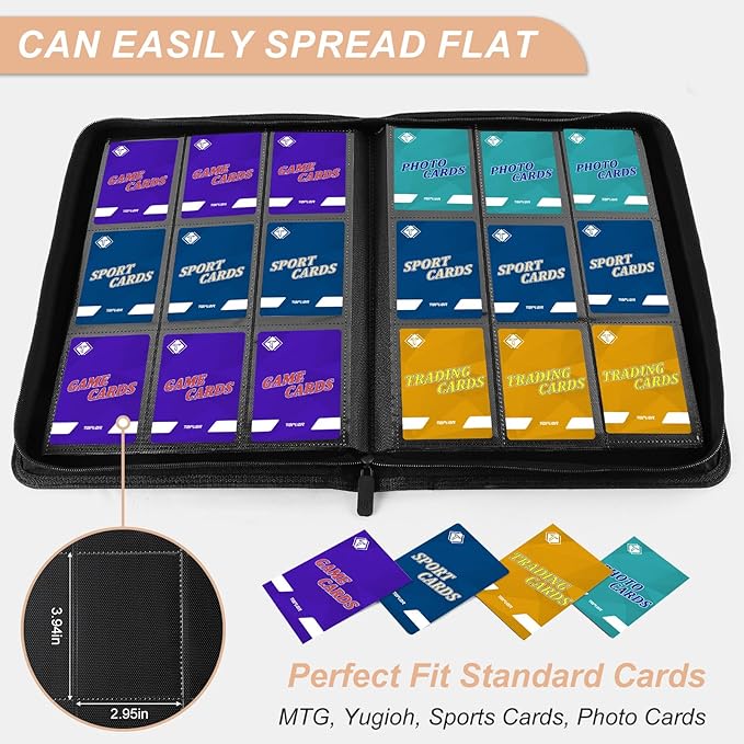 Zip MTG Card Binder with 432 Side Loading Pocket - fits TCG Baseball Football Sports Cards - Easy to Insert Collection Binder - Black