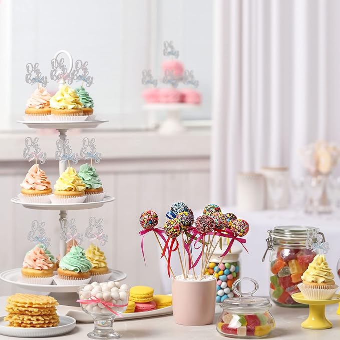 Gyufise 36Pcs Oh Baby Cupcake Toppers with Blue Pink Bowknot Silver Glitter Baby Shower Cupcake Picks Gender Reveal Cupcake Topper Decoration for Gender Reveal Baby Shower Kids Birthday Party Supplies