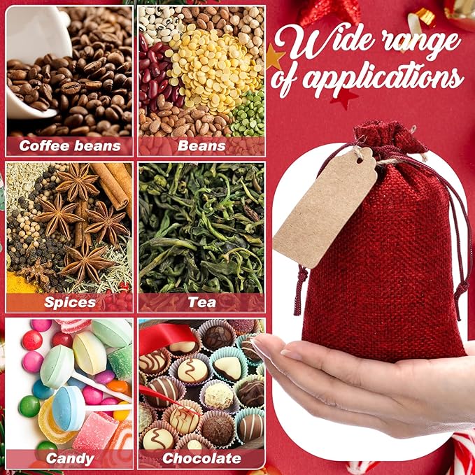 Woanger 100 Pcs Burlap Gift Bags with 100 Pcs Kraft Paper Gift Tags with Drawstring Favor Bulk Burlap Sack Bags for DIY Wedding Party Craft(4 x 6 Inch,Red)