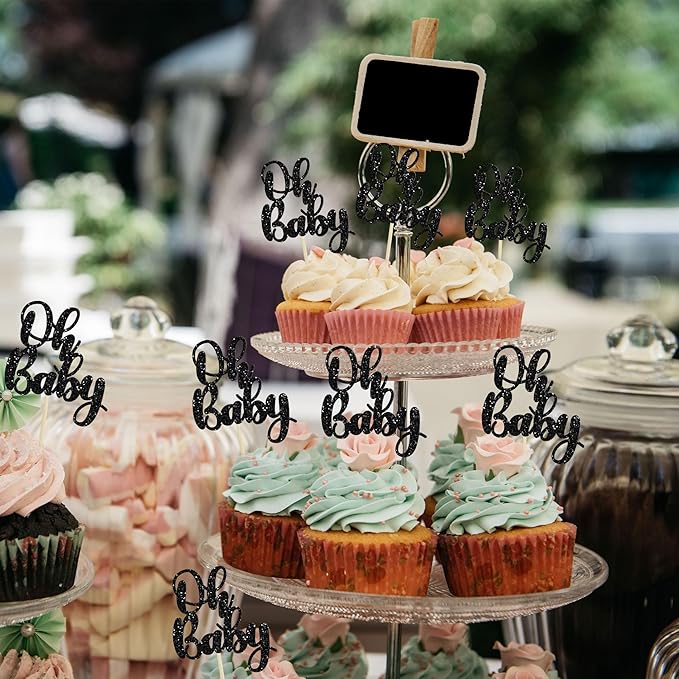 Gyufise 36Pcs Oh Baby Cupcake Toppers Glitter Baby Shower Cupcake Picks Oh Baby Cake Decorations for Gender Reveal Baby Shower Kids Boys Girls Birthday Party Supplies Black