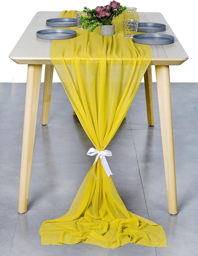 MDS Halloween Chiffon Table Runner - 15 Pack, 29 x 170 Inches, 14ft Each - Sheer Spooky Table Runners for Haunted House Parties, Trick-or-Treat Tables, Witchy Décor, Wedding & Events - Yellow