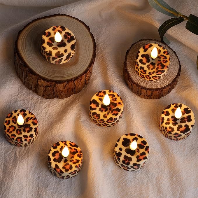 Eywamage Leopard Flameless Tealights with Remote Batteries Included, Flickering Plastic Cheetah LED Tea Votive Candles Set of 12