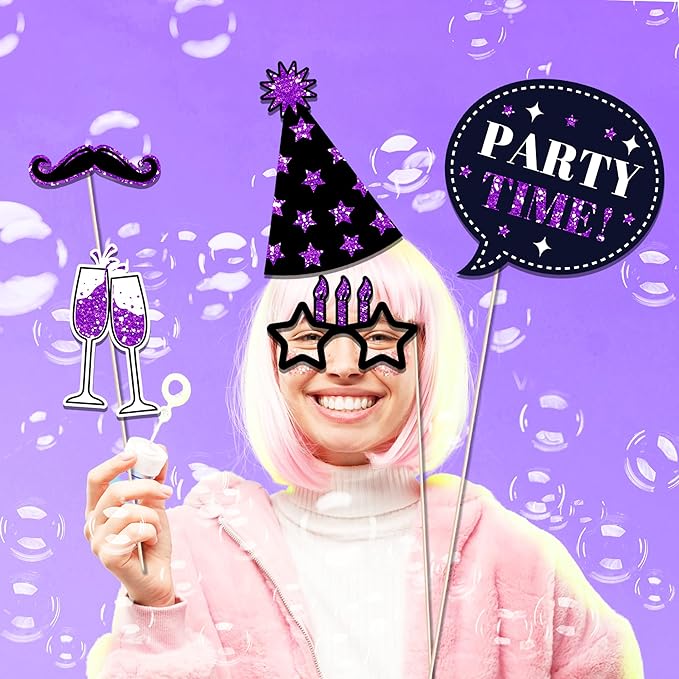 36 PCS Birthday Photo Booth Props Party Supplies Holiday Picture Decorations Photo Booth Props for Birthday Party Favors Pose Sign Kit Fun for Party (Purple and Black)