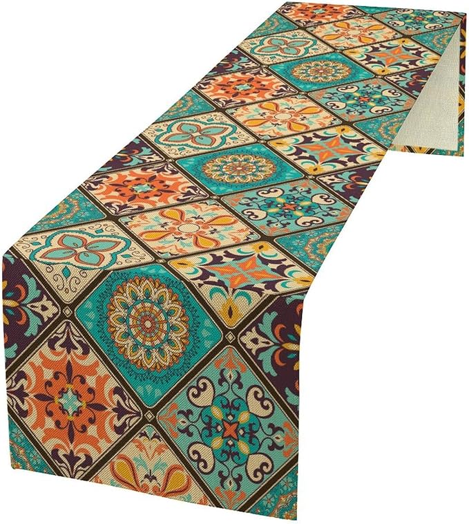 Bohemian Patchwork Table Runnerboho Colorful Tile Patchwork Indian Floral Print Table Runner for Home Kitchen Indoor Outdoor Party Wedding Decor, 13x60inch