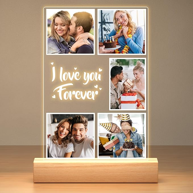 Custom Picture Frames with Photos, Customized Photo Frame with Night Light, Personalized Picture Frame, Personalized Anniversary Birthday Gifts for Women Men Him Her Girlfriend Boyfriend Couples