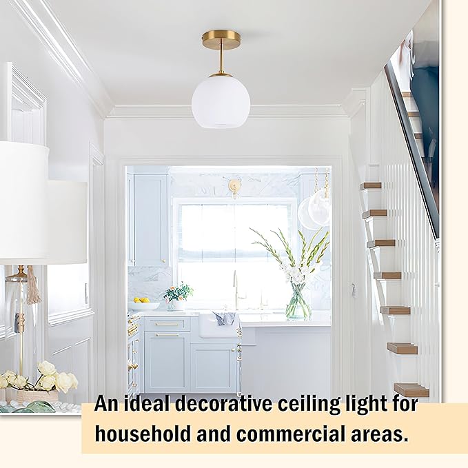 Gold Semi Flush Mount Ceiling Light Fixture Milk Glass Light Fixture Mid Century Flush Mount Ceiling Lights Brass Flush Mount Ceiling Schoolhouse Lights for Dining Room(Bulb Incl.)