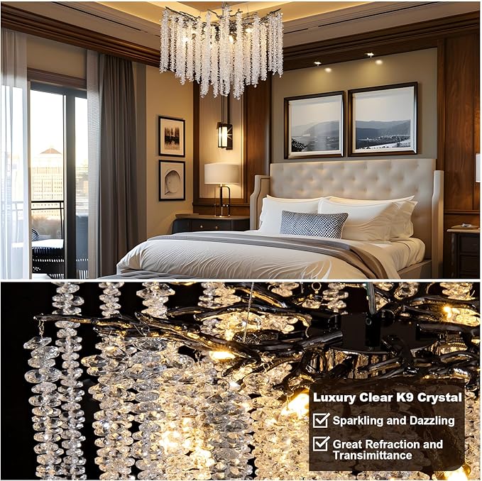 YUYI Modern Crystal Chandeliers for Dining Room,Black Tree Branches Chandelier Lighting,Round Luxury High Ceiling Chandelier Light Fixture Hanging Pendant Light Fixtures