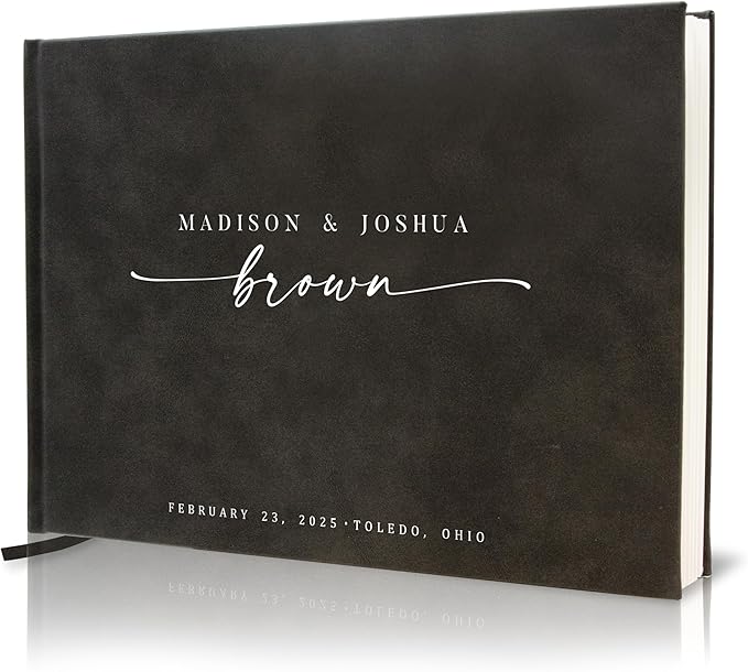 Personalized Guest Book - 11.5" x 8.5" Custom Bride & Groom Names with Bookmark and Hard Cover 140 GSM Blank Pages, for Weddings Guest Book, Engagements, Birthdays, Special Events, Charcoal