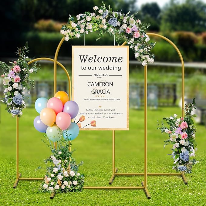 Metal Arch Backdrop Stand, Set of 3 (6/6.6/7.2 ft) Wedding Arched Frame with 12 Ground Nails, Stable Arched Background Stand for Wedding, Baby Shower, Birthday Party, Photography, Gold