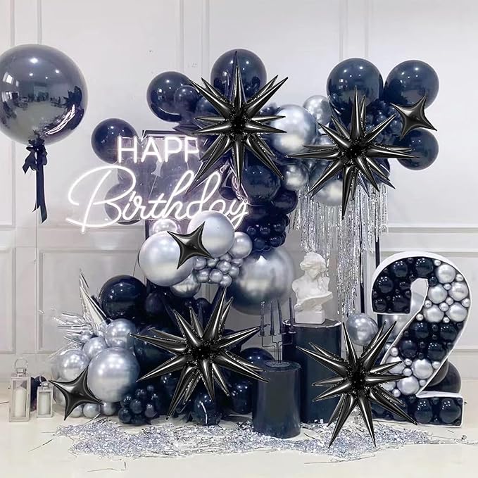 6 Pcs Explosion Star Foil Balloons- 12 Point Star Balloons,Black Spike Balloon and 10Pcs Four Pointed Balloon for Party Supplies Christmas Birthday Wedding Photo Booth