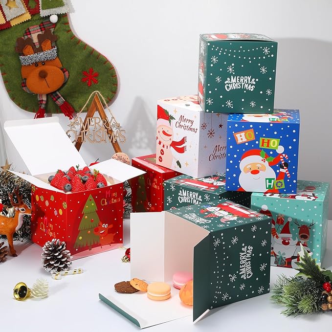 COTOPHER 20 Pcs Christmas Gift Boxes, 6" x 6" x 6" Xmas Candy Boxes for Gift Giving, Paper Treat Ornament Gift Box Decorative Christmas Goodie Box for School Home Holiday Party Favors Supplies