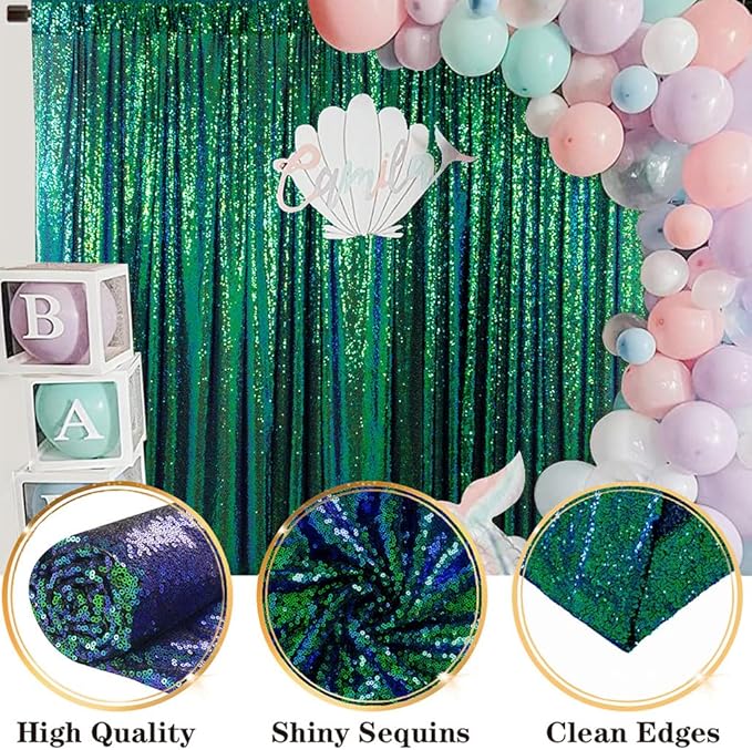 DUOBAO Iridescent Green Sequin-Backdrop-Curtain 1 Panel 10FTx10FT Colorful Green Sequin Backdrop 120-Inches for Photography Wedding Glitter Graduation Photo Backdrop