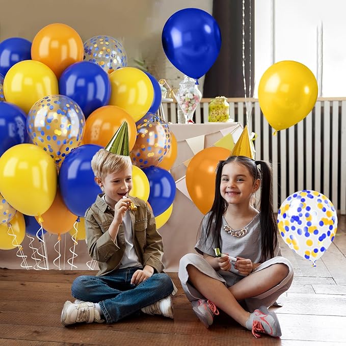52 PCS 12 Inch Retro Blue and Yellow Matte Balloons with Confetti for Birthday Party Decorations