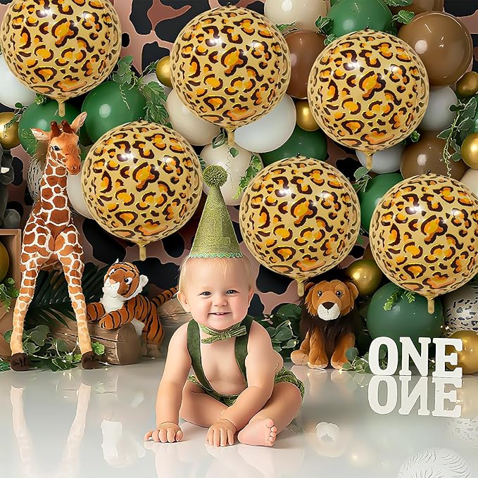 6Pcs Gold Cheetah Print Foil Balloons, 22inch 4D Leopard Theme Balloons, Large Round Ball Animal Foil Balloon for Cheetah Zoo Themed Wild Jungle Birthday Party Backdrop Decorations