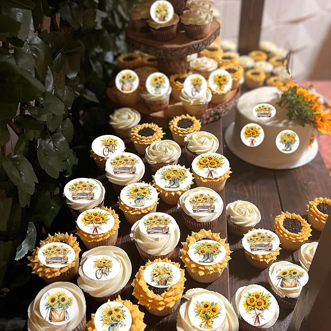 36 Pack Edible Sunflowers Cupcake Toppers Wafer Paper Floiwers Cupcake Picks Edible Yellow Sun Flower Cake Decor for Sunflower Theme Party Wedding Baby Shower Birthday Supplies (Round)
