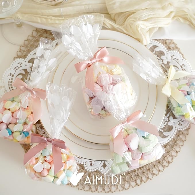 AIMUDI 5 Colors Dusty Rose Bows 2.5" Pink Satin Twist Tie Bows for Gift Wrapping Premade Satin Bows for Making Crafts Treat Bag Baby Shower Birthday Party Wedding Decoration, 50 PCs
