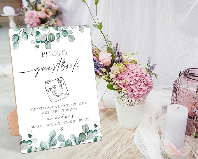 Photo Guestbook Sign, Greenery Wedding Ceremony, Pack of 1 Wooden Tabletop Sign with Stand, Wedding Supplies, Engagement and Reception Decorations - LD24