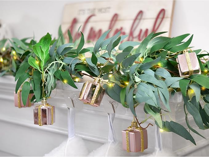 Artificial Willow Garland with Battery String Lights & Pink Gift Box Ornaments – 2-Pack Lighted Greenery Vine, with Remote for Mantels, Weddings, Fireplace, Holidays, Parties & Everyday Home Decor