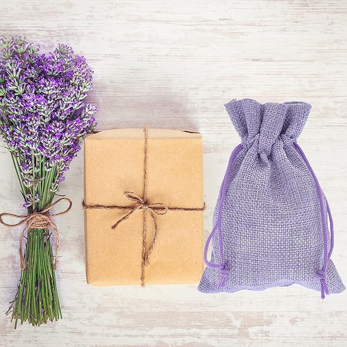 20Pcs Burlap Bags with Drawstring 2.7 x 3.5 Inch, Linen Small Party Favor Gift Bags Jewelry Pouches Sachet Sacks for Wedding, DIY Craft (Light Purple)