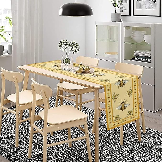Honey Bee Table Runner, Farmhouse Yellow Sunflower Retro Summer Linen Tables Runners for Kitchen Dining Table Home Party Decor, 13x108inch