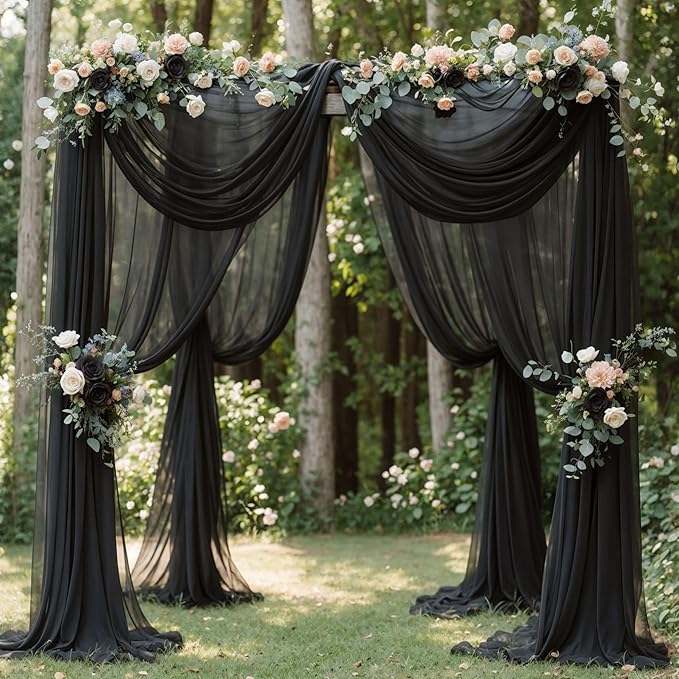Wedding Arch Draping Fabric,2 Panels 18FT Black Sheer Chiffon Curtain Drapes 6 Yards for Wedding Ceremony Birthday Party Decoration