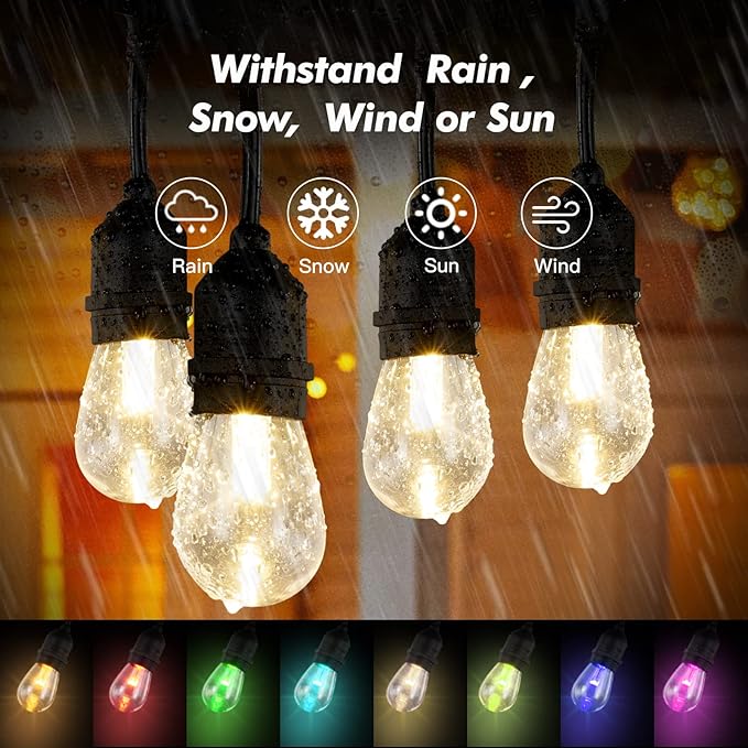24FT Solar Outdoor String Lights, 12 Shatterproof Edison LED Bulbs, Dimmable RGB Color Changing Patio Lights Waterproof with Remote. for Patio Decor, Garden, Yard, Party, Bistro