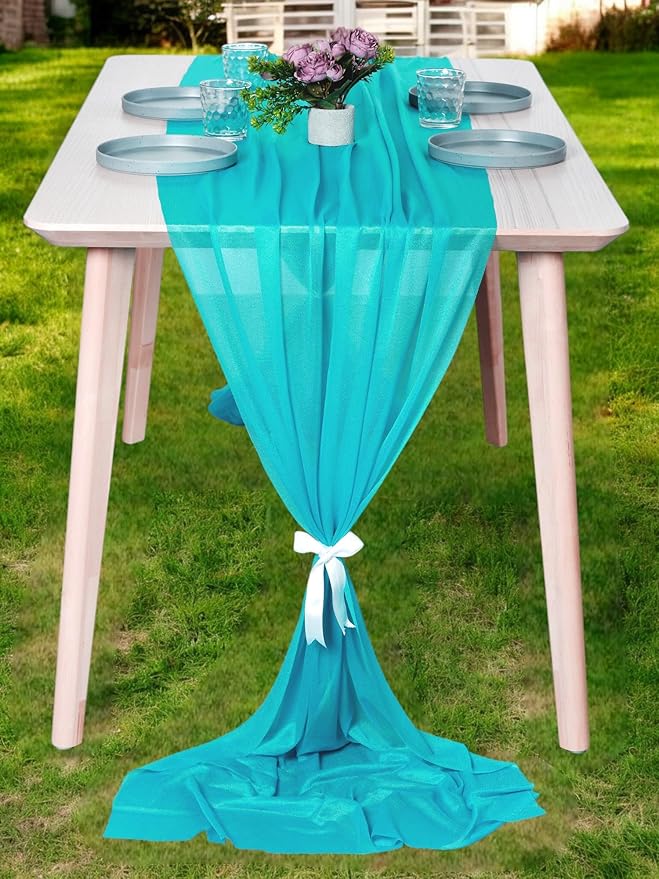 MDS 15 Pack 10ft Chiffon Table Runner 29 x 120 Inches Sheer Wedding Runner Romantic Rustic Table Runner for Wedding Decorations, Birthday Parties, Bridal Shower Party Arch Decor - Peacock Blue