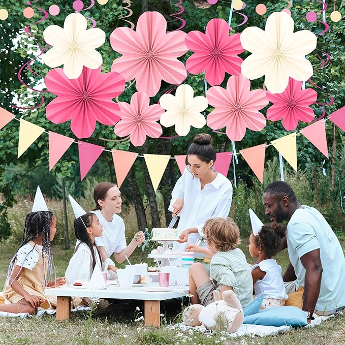Pink and Yellow Party Decorations, Pink Birthday Decoration with Colorful Hanging Paper Flowers,Tassel Garland and Swirls for Women Girls, Baby Showers Bachelorette Party Supplies Classroom Decor