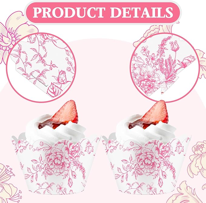 Domensi 100 Pcs Pink Floral Cupcake Wrappers Rustic Cupcake Liners Pink Baking Cups Flower Baking Liners for Wedding Bridal Baby Shower Birthday Party Supplies Dessert Decoration