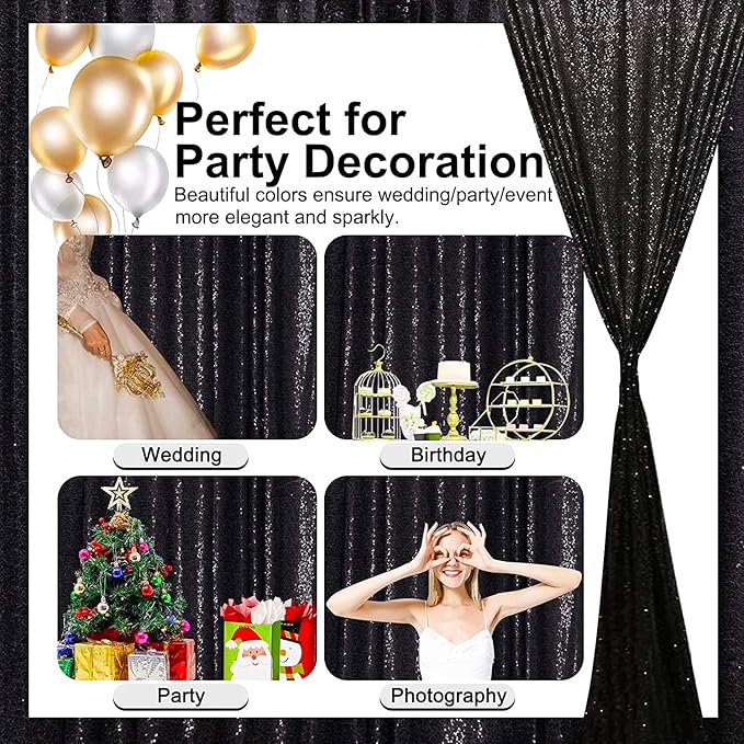 Black Sequin Curtains 4FTx8FT 2 Panels Black Sequin Backdrop for Parties Glitter Backdrop Photo Background for Wedding Baby Shower