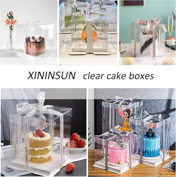 XININSUN 10 inch Clear cake Box, Large Transparent cake Box,tall cake boxes with Ribbon,10x10x9inch - Suitable for packing 8" or 10" cakes,Clear Gift Display Box for Carry Tall Layer Gift-6Pcs-White
