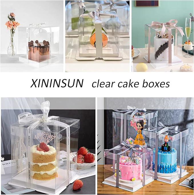 12X12X7inch Clear cake Boxes,Cake Carrier,Disposable Cake Containers, Large Cake box with Ribbon, Ideal for Large 10and 12Inch Cake carry,transparent cake box for birthday Party wedding -White