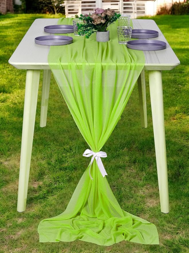 MDS 2 Pack 14ft Chiffon Table Runner 29 x 170 Inches Sheer Wedding Runner Romantic Rustic Table Runner for Wedding Decorations, Birthday Parties, Bridal Shower Party Arch Decor - Parrot Green