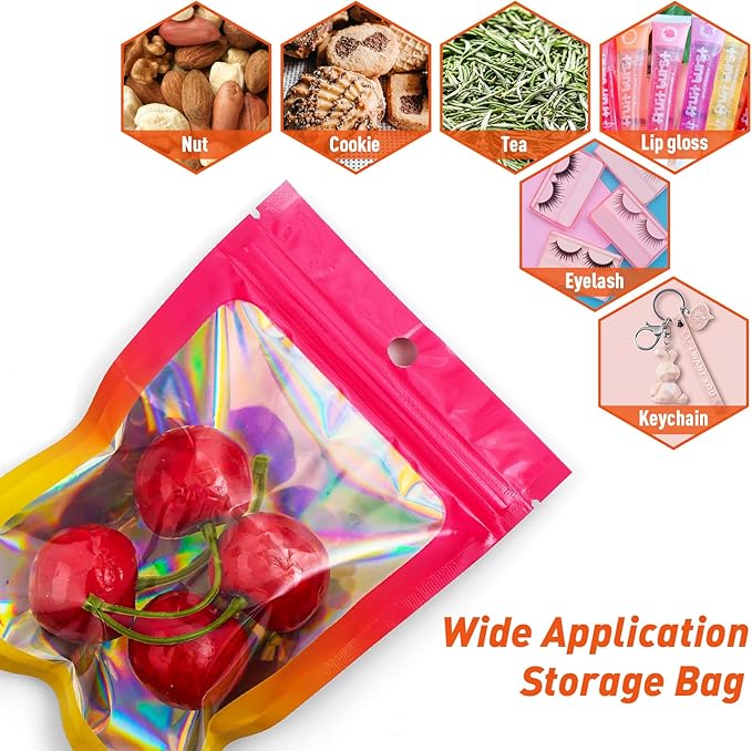Funfery 100 Pack Gradient Holographic Bags,Mylar Resealable Bag with Zipper,Clear Window Packaging Pouchs,Smell Proof Foil Bag for Food Storage,Sample Jewelry Bags(4.7×7In,Hot Pink Orange)