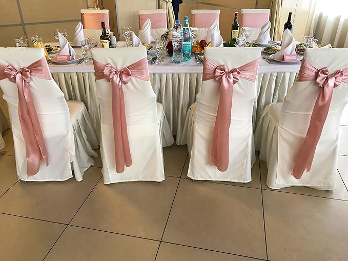 100 PCS Satin Chair Sashes Decorative Bow Chair Ribbon Bows Chairs Cover Band Back Sashes Ties for Wedding Party Ceremony Reception Events Banquet Restaurant Home Kitchen Decor(7 x108 inch,Rose Gold)
