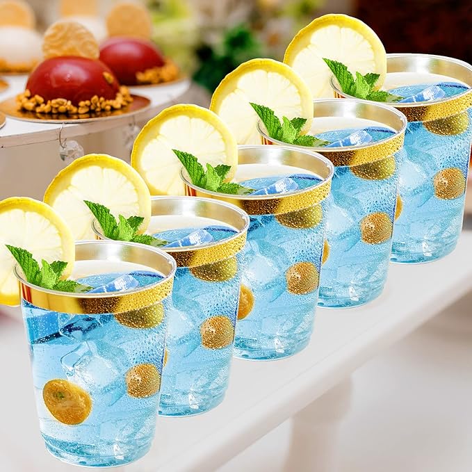 FOCUSLINE 10 oz Gold Plastic Cups, Disposable Clear Fancy Hard Plastic Cups, Gold Rimmed, Heavy Duty, Reusable,100 Count