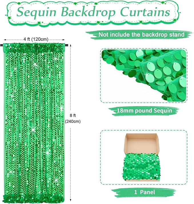 Sequin Curtain Backdrop Green Party Background for Jungle Forest Animals Theme Baby Shower Celebration Party Decorations 4x8FT