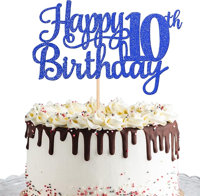 1 PCS Happy 10th Birthday Cake Topper Glitter Cheers to 10 Years Birthday Cake Pick 10 Fabulous Double Digits Cake Decoration for Happy 10th Birthday Theme Party Decorations Supplies Blue