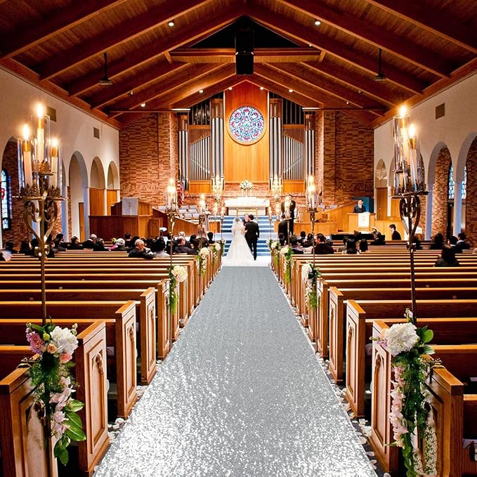 ShinyBeauty Aisle Runners for Weddings 10 ft by 4 ft Silver Aisle Runner Wedding Aisle Runner Outdoor Glitter Runner Church Runner (4FTx10FT, Silver)