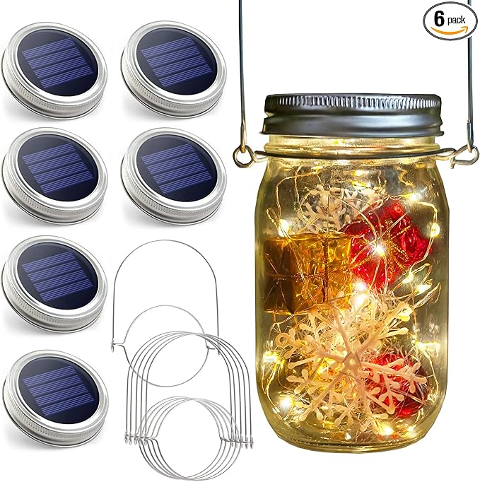 Urvoix Solar Mason Jar Lights - 6 Pack 30 Led Waterproof Jar Lids String Lights with 6 Handle, Perfect for Outdoor Garden Backyard Decorations